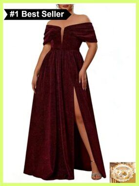 Plus Size Glitter Off Shoulder Deep V High Slit Formal Maxi Dress
